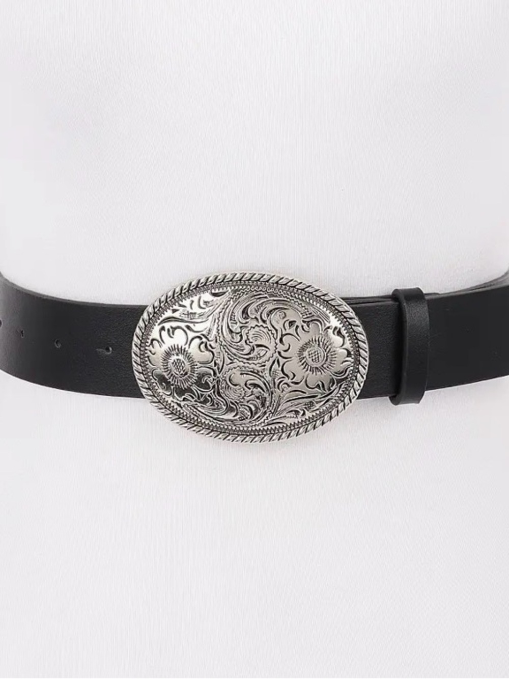 Women’s Silver Tone Floral Oval Buckle Black Faux Leather Belt